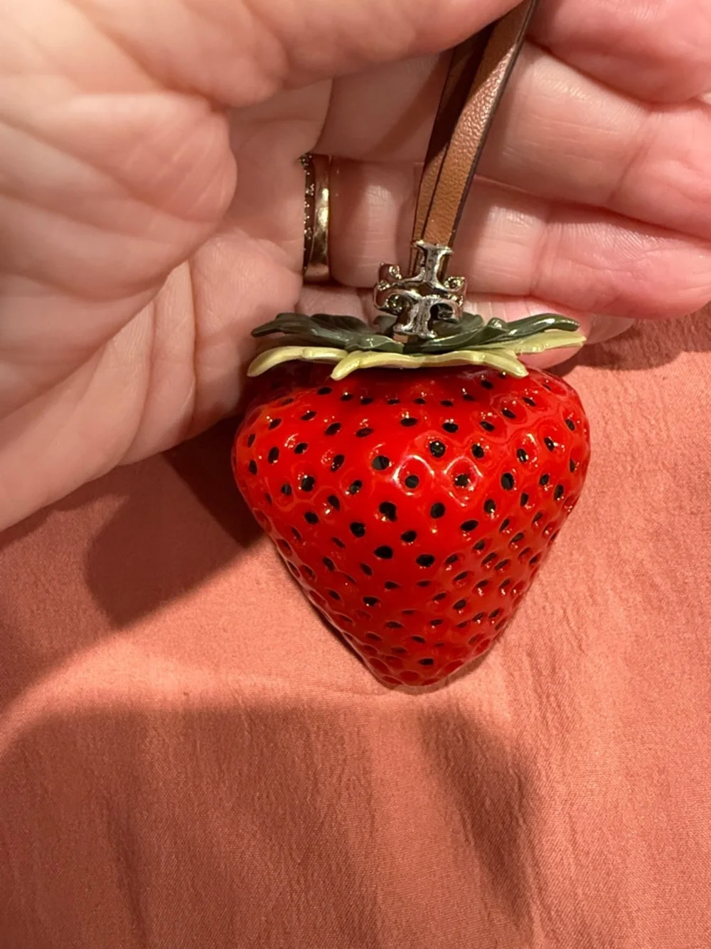 Tory Burch Strawberry Leather Key Charm in Red with Green Top and Brown Strap